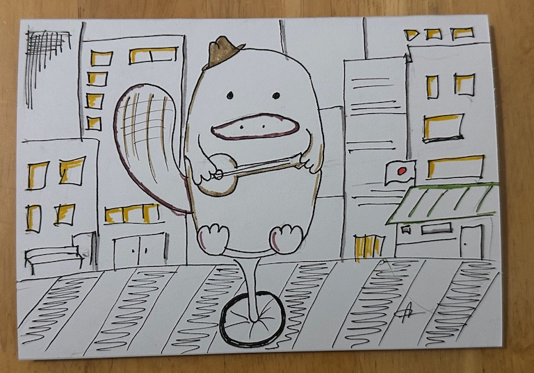 A platypus wearing a tiny fedora and playing a banjo while sitting on a unicycle in the middle of a bustling Tokyo crosswalk at rush hour.