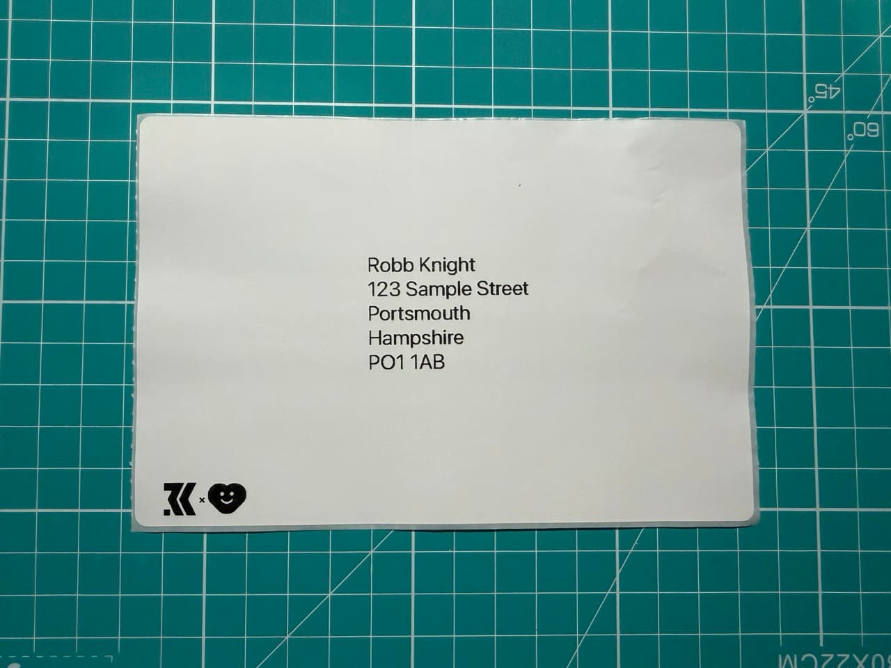 A label that has a fake sample address printed on it