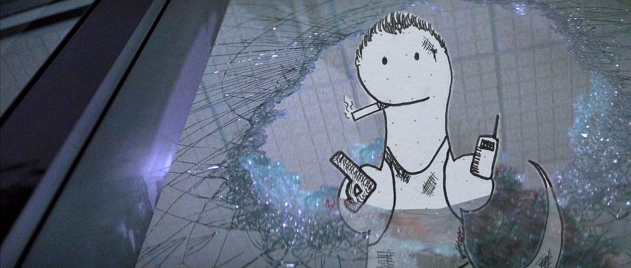 The scene from Die Hard where Bruce Willis is looking out a broken window but it’s a hand-drawn dinosaur instead