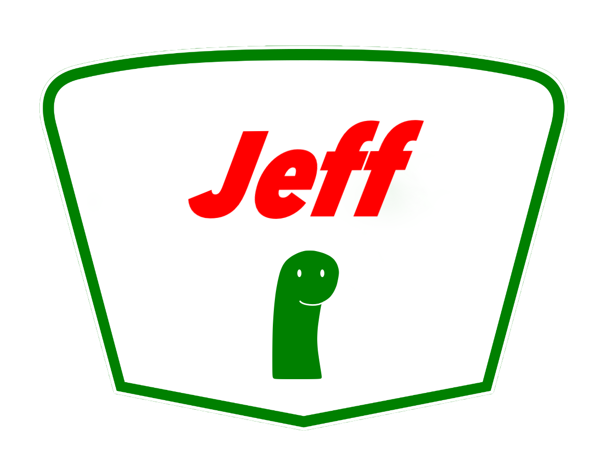 A white sticker with a green border. It says Jeff in bold italic letters at the top and has a green dinosaur at the bottom