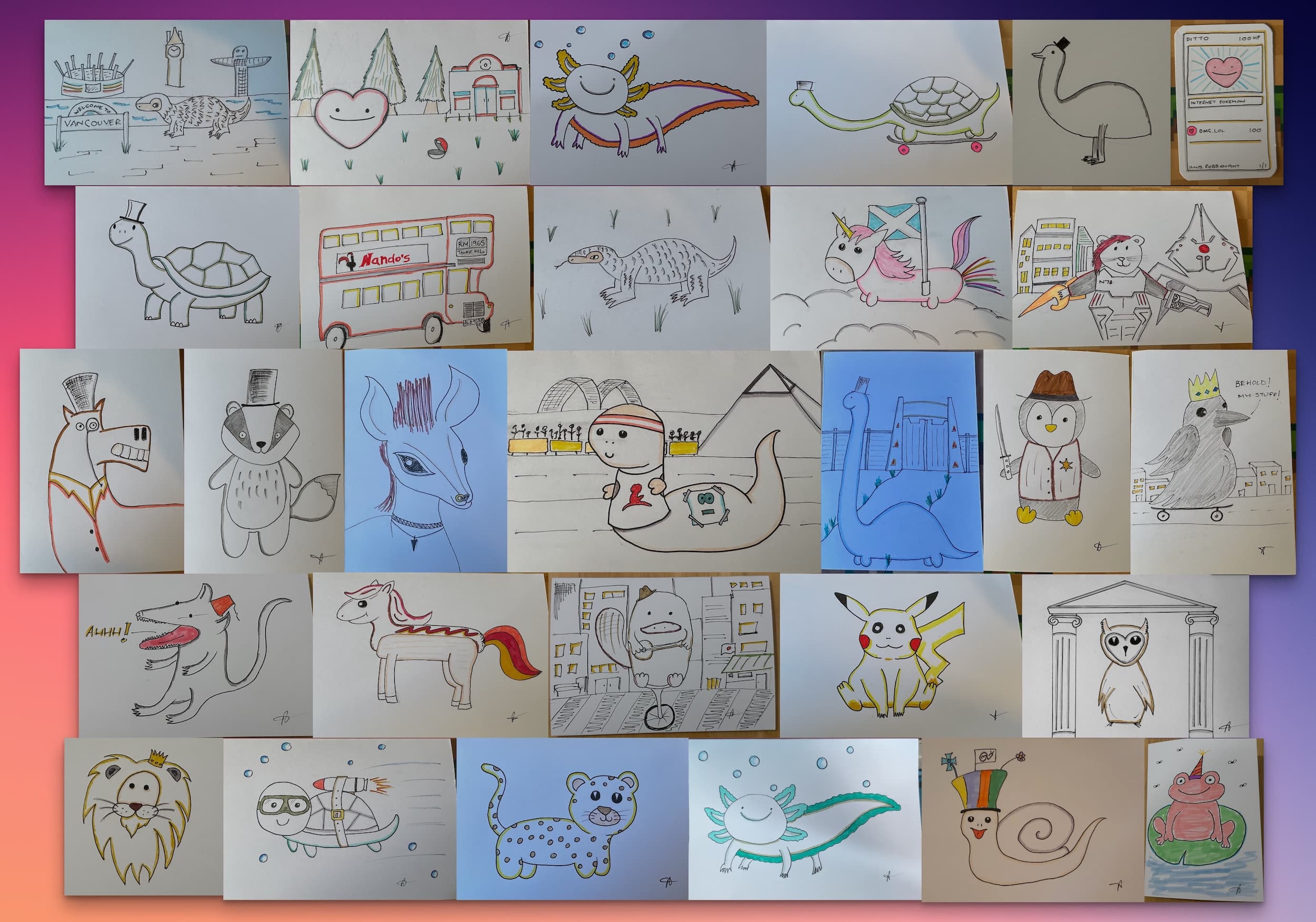 A grid of drawings of various animals including penguins, slugs, horses with hot dog bodies, and lions.