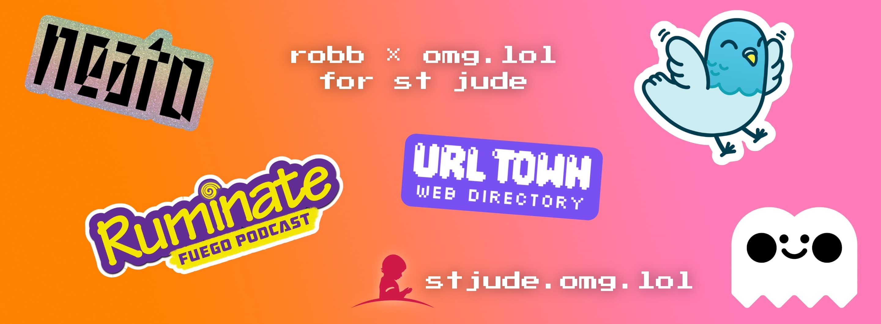 A pink gradient banner showing all five stickers we gave away for St Jude