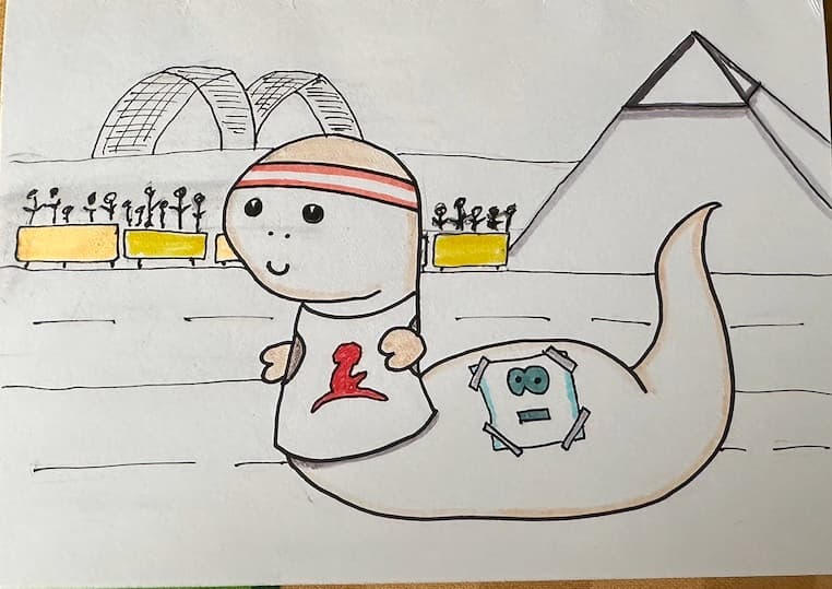 A grub doing a race in a St Jude shirt in front of the Memphis pyramid