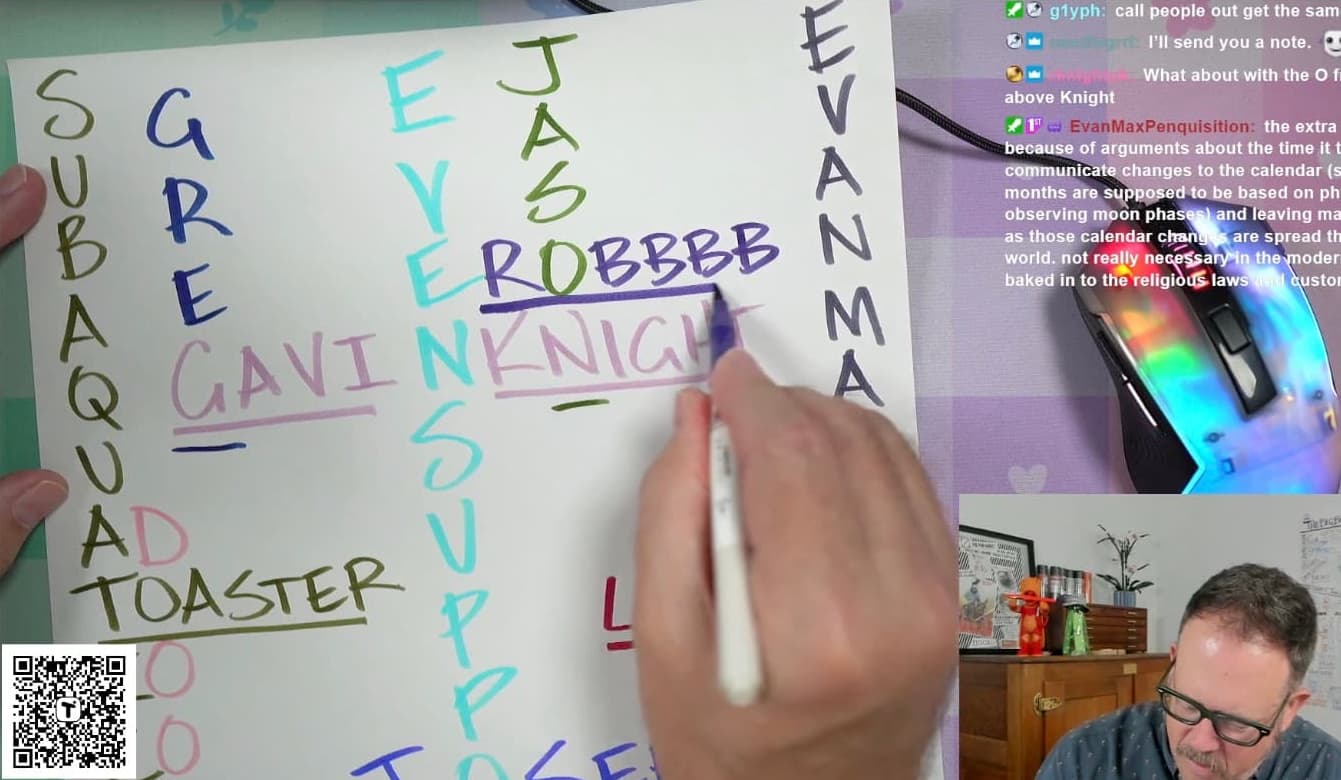 A man on stream writing on a white piece of card
