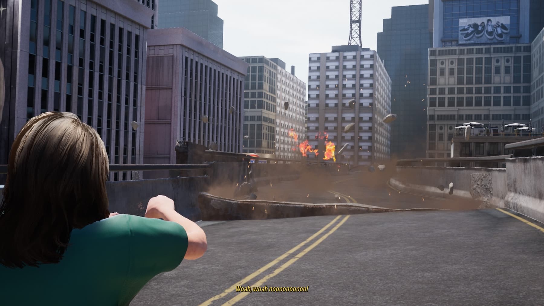 A brige that is breaking in an earthquake and a woman driving a car but the car isn't there, she's holding an invisible steering wheel.