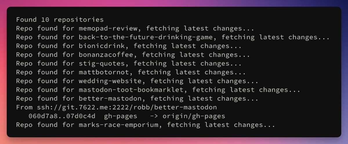 A terminal output showing Ash Fectchum fetching changes for multiple repositories