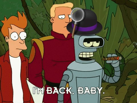 Bender from Futurama saying I'm Back Baby but he has the Alfred logo hat on