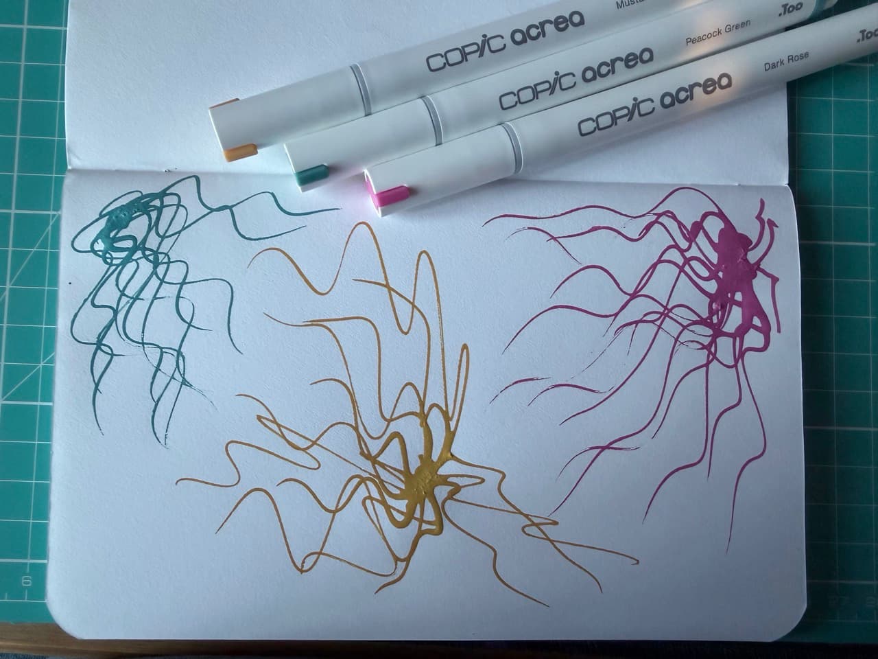A notepad with three coloured jellyfish looking things