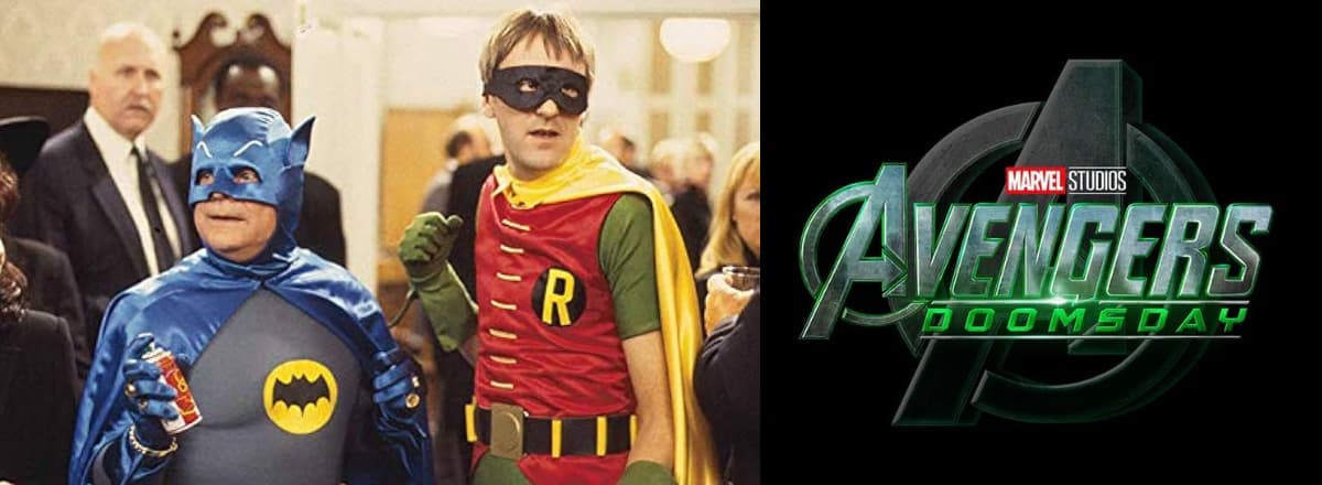 Del Boy and Rodney dressed as Batman and Robin on one side, the Avengers Doomsday logo on the other