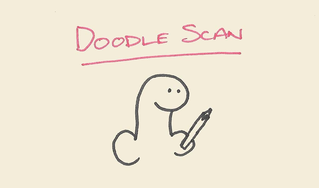 A beige backround that says Doodle Scan at the top in red and a dinosaur holding a pencil below it.