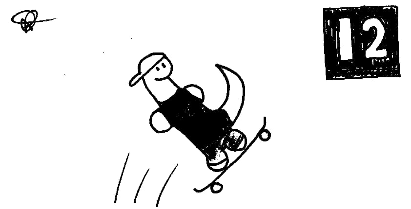 A dinosaur on a skateboard with a shirt and shorts which are both black, and a black box with 12 in the right corner