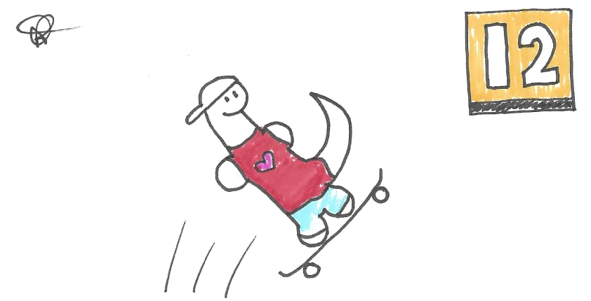 A dinosaur on a skateboard with a red shirt, blue shorts, and a yellow box with 12 in the right corner