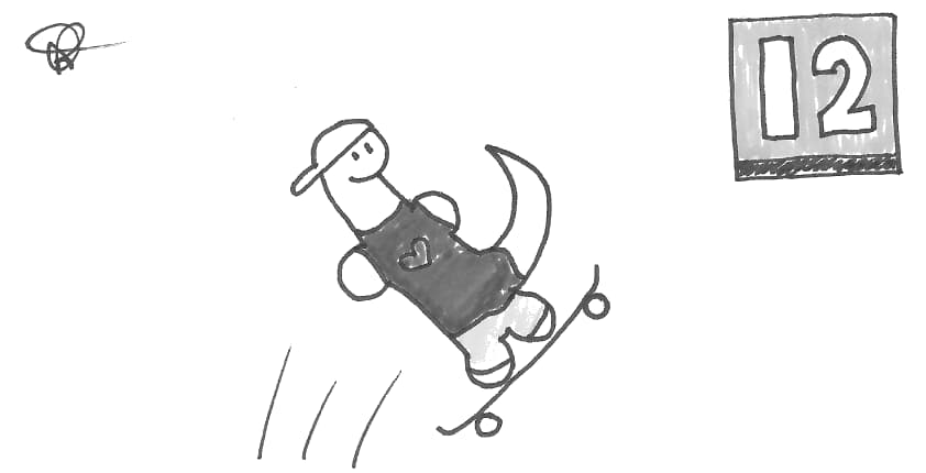 A dinosaur on a skateboard with a grey shirt, grey shorts, and a grey box with 12 in the right corner