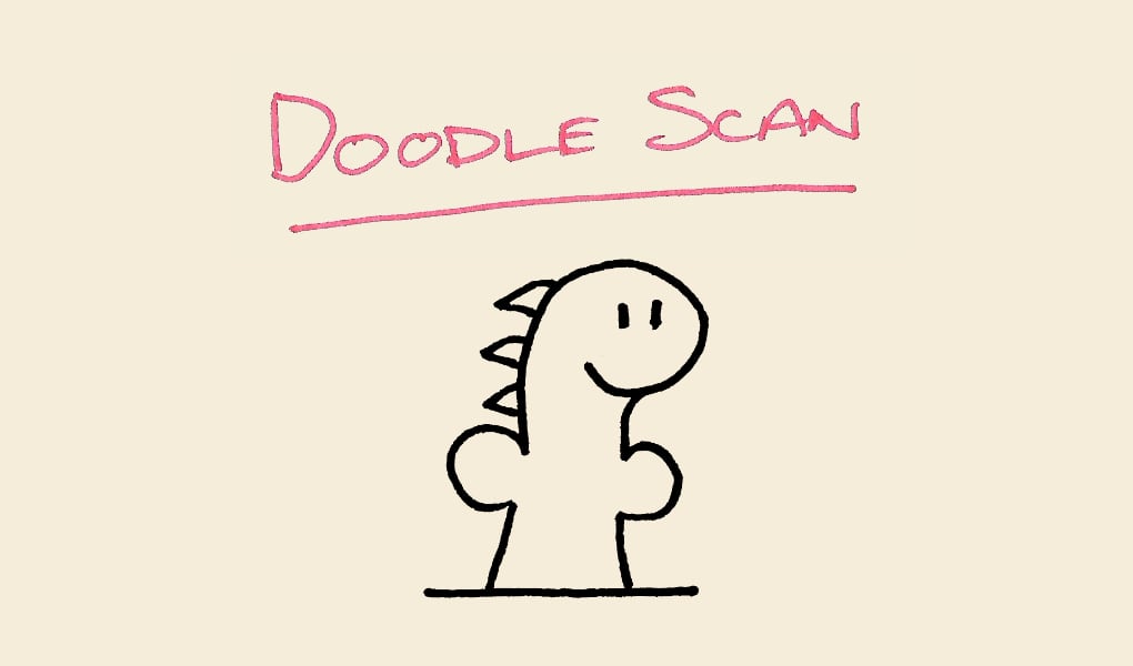 A beige backround that says Doodle Scan at the top in red and a dinosaur that doesn't look like a penis.