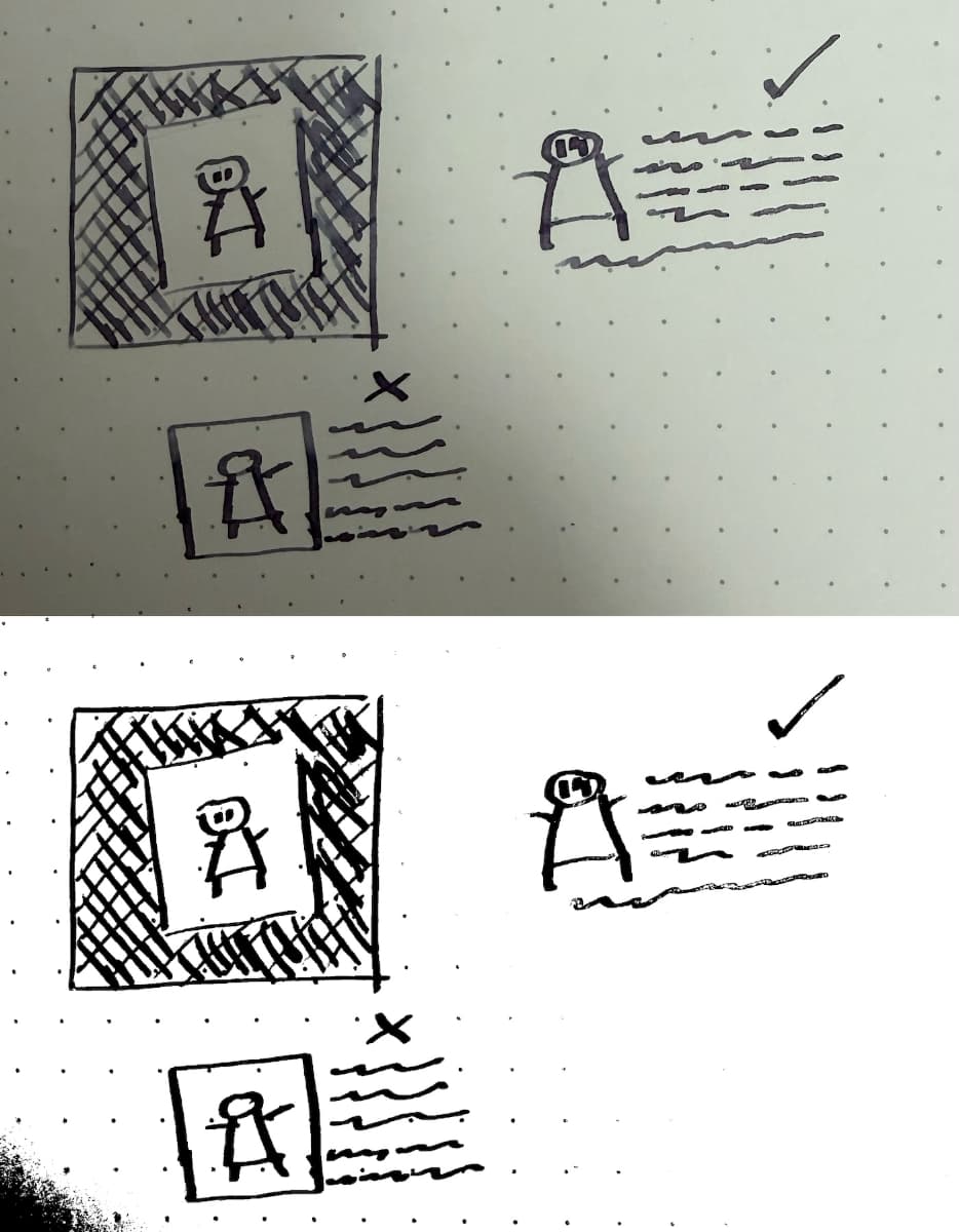 On the top is a badly lit photo of dotgrid paper with sketches of some people. The bottom shows the same image but with the paper removed