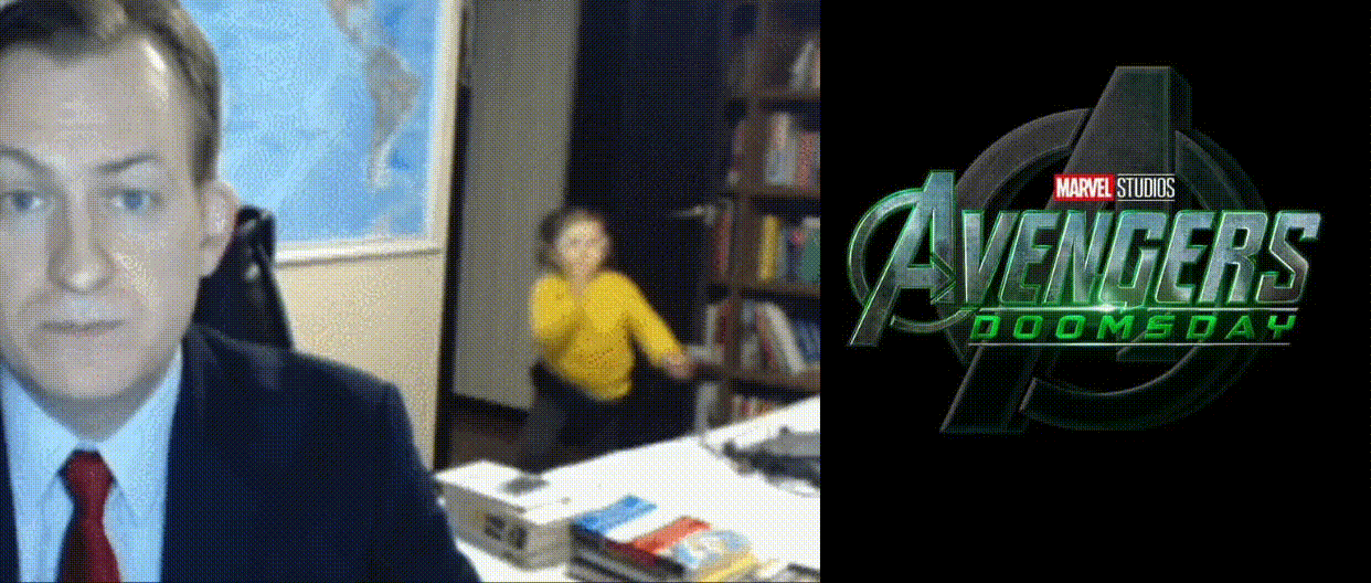 A kid appearing in the background of someone being interviewed on Zoom on one side, the Avengers Doomsday logo on the other
