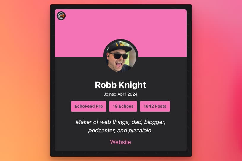 A profile page showing my face, that I joined EchoFeed in April 2024, that I have 19 Echoes, 1600 posts, and a bio about me.