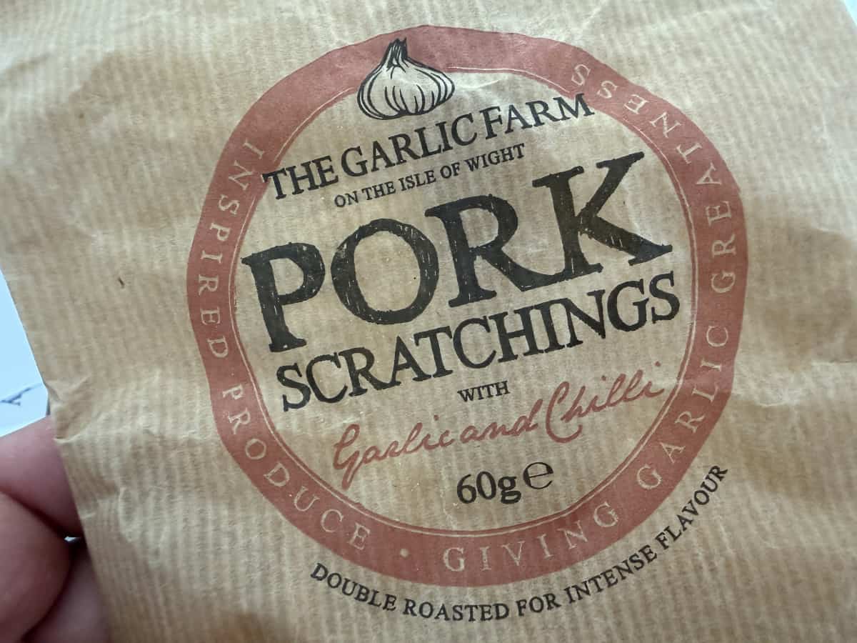 A back of Isle of Wight Garlic farm chilli and garlic pork scratchings