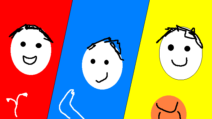 A drawing done with MS Paint with three sections - red, blue, and yellow. Each one has a badly drawn person in it