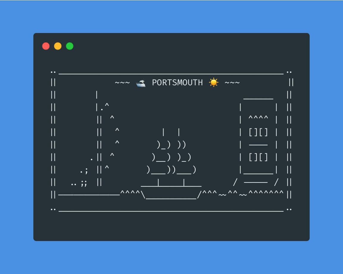 A terminal window showing ASCII art of boats, the Spinnaker Tower, and a tall building.