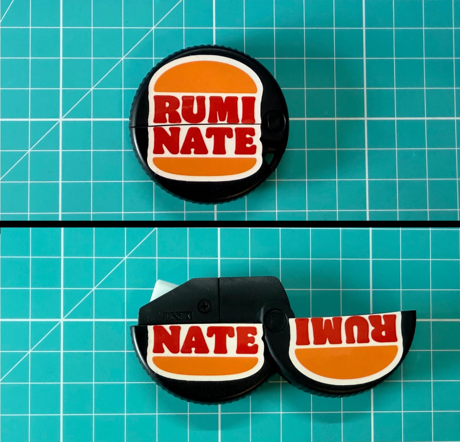 A black plastic circle with a Ruminate sticker on it that looks like the Burger King logo. On the bottom is the same circle open, revealing the ceramic blade inside.