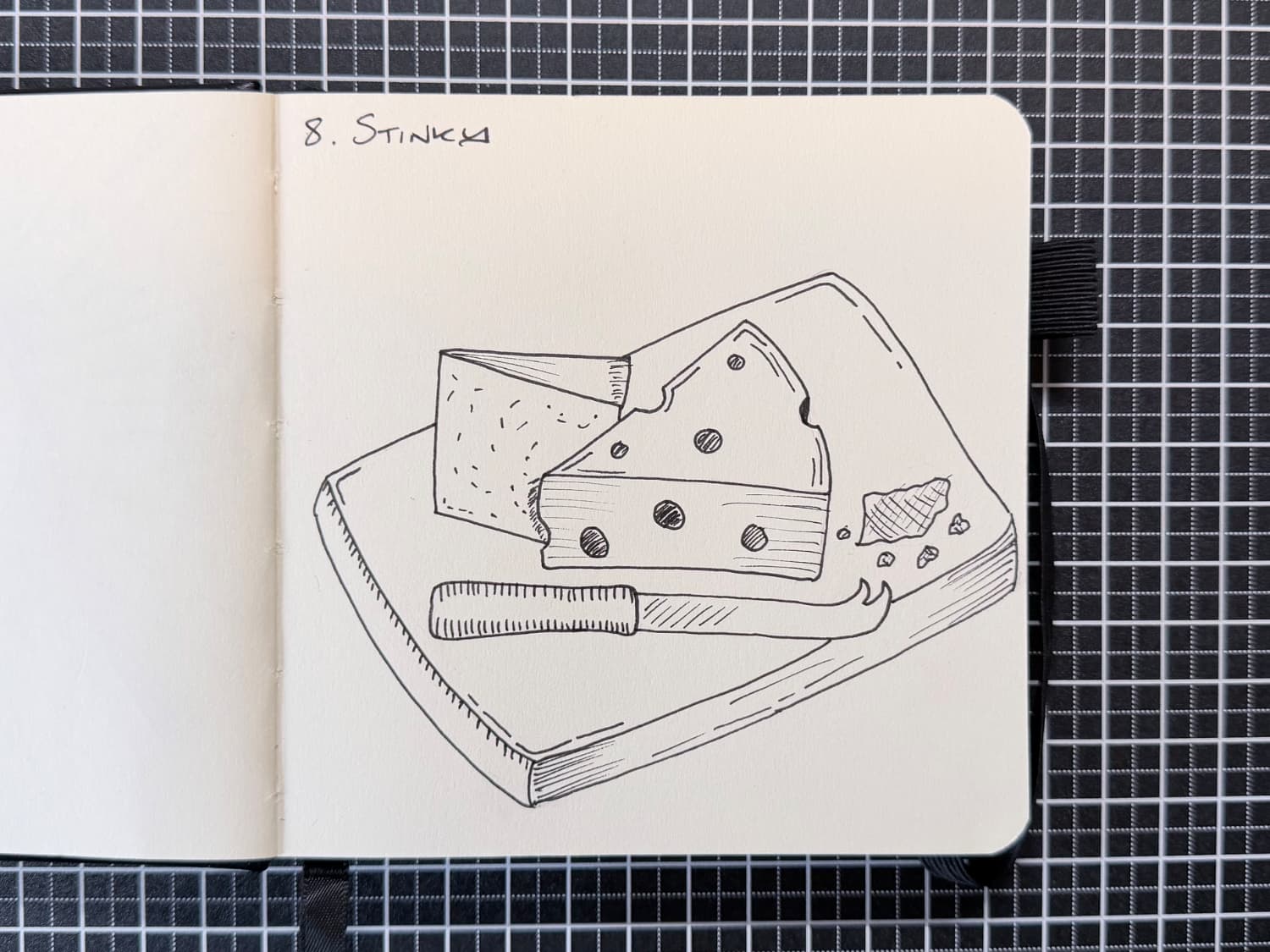 A drawing of a cutting board with a cheese knife and two triangles of cheese