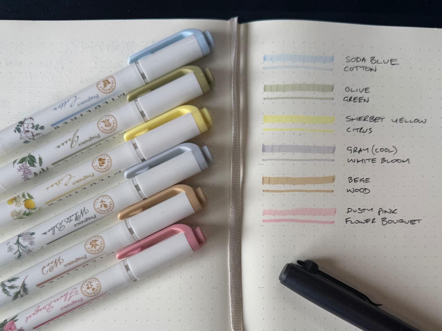 A notepad with samples of the six Mildliner fragrance pens