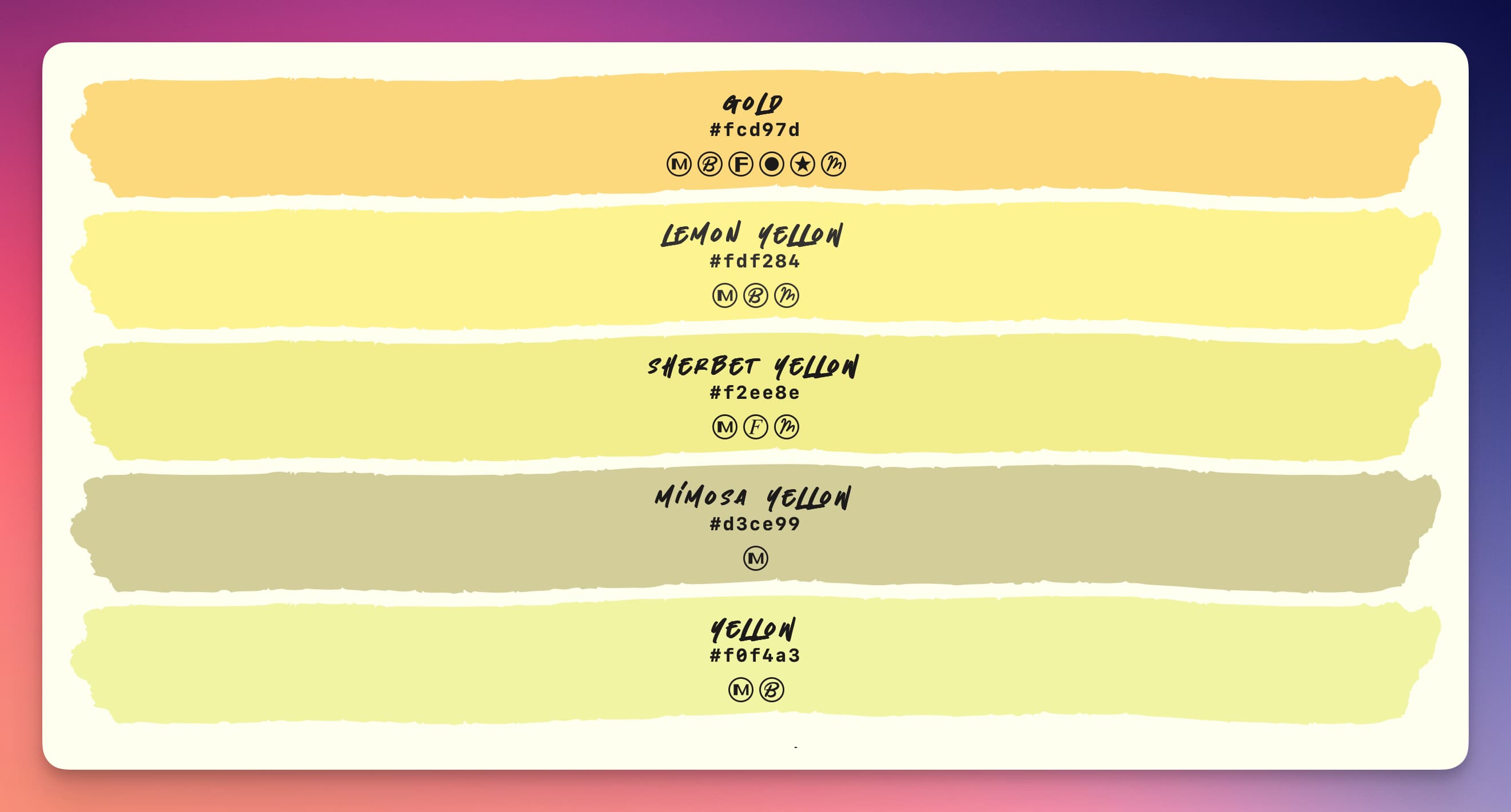 All the yellows available in Mildliners with icon indicators to say which types those colours exist in