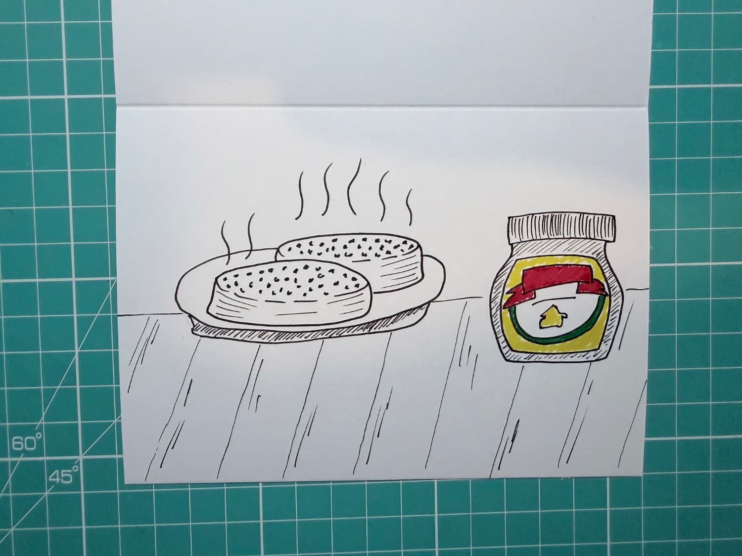 A drawing of a plate of crumpets with a jar of marmite next to it