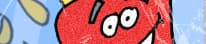 A red cartoon character with big white eyes. The background has some yellow and red splashes