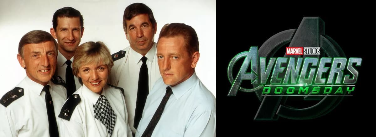 Police officers from The Bill on one side, the Avengers Doomsday logo on the other