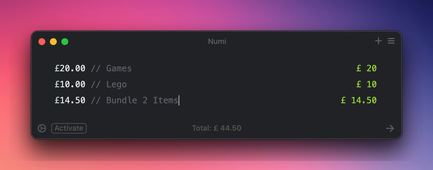 Numi app showing sales data across three lines and a total at the end