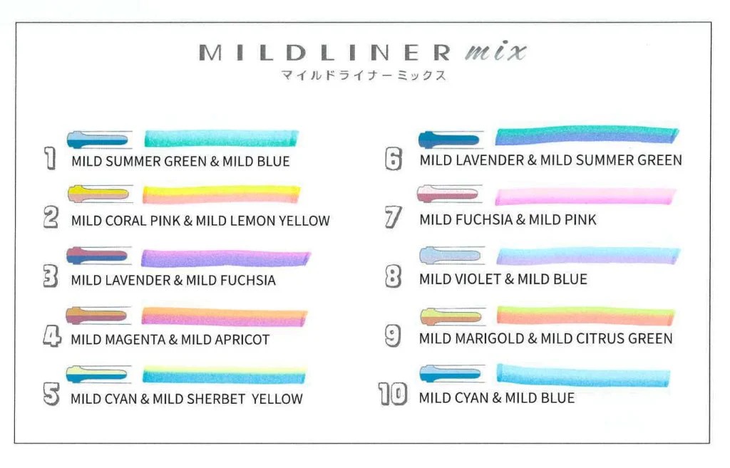 A chart showing ten different colour combinations for Mildliner mix pens with their names below each one