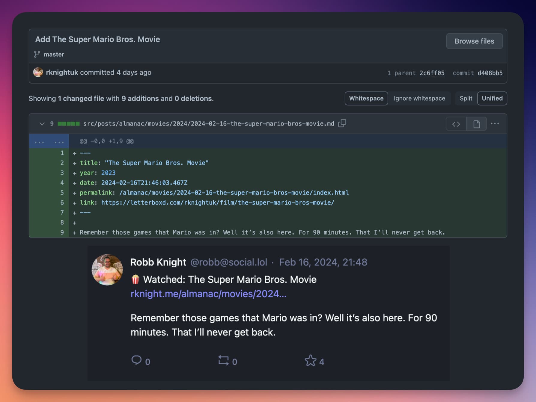 The file commited on GitHub and the post that went to Mastodon