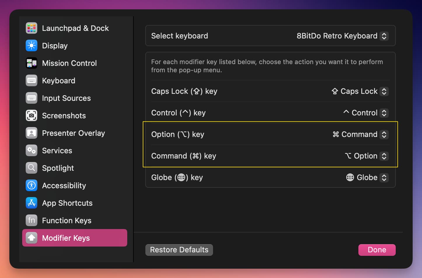 MacOS keyboard system settings