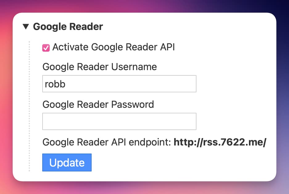 Google Reader settings in Miniflux