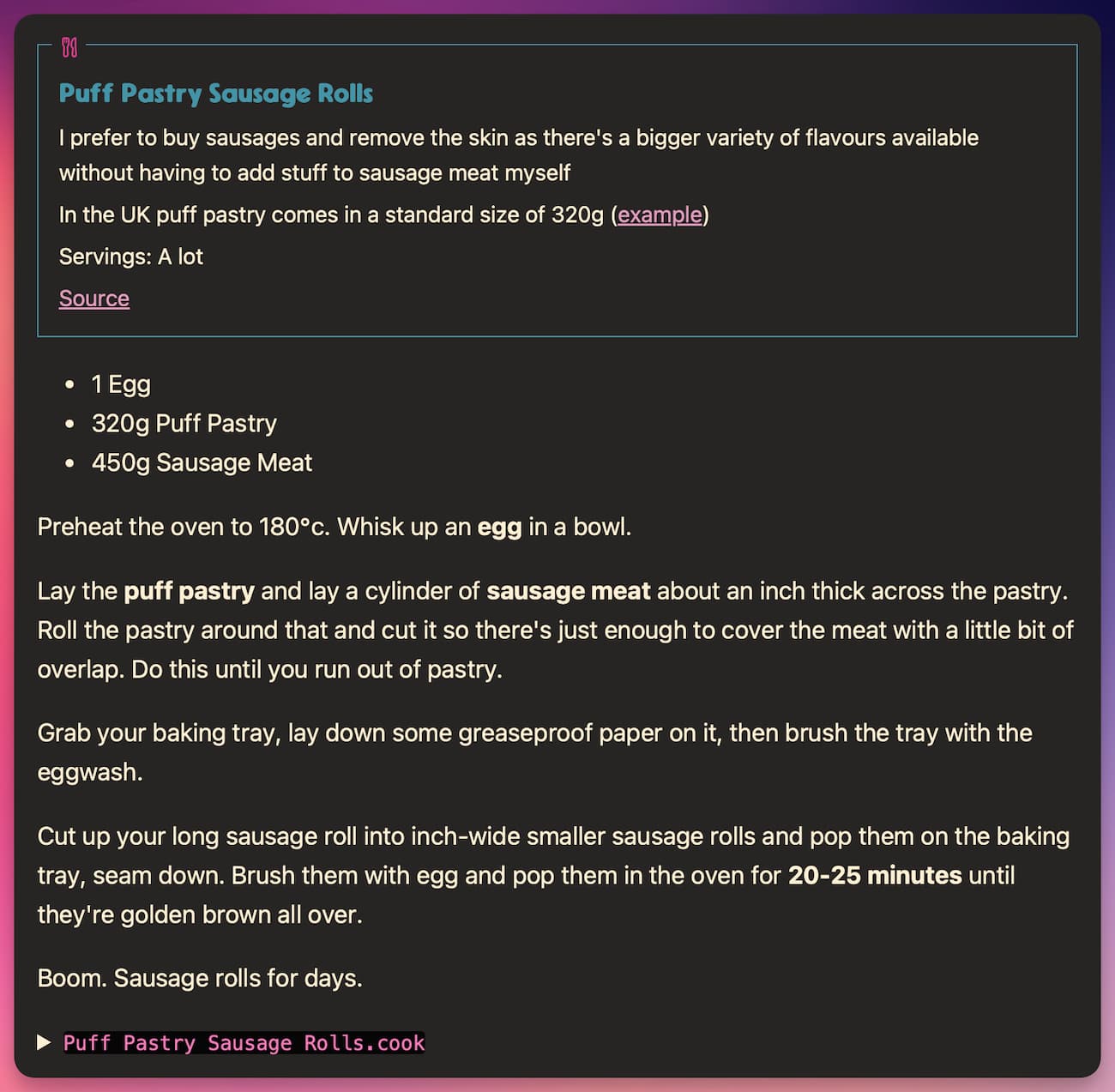 The final output of the recipe page