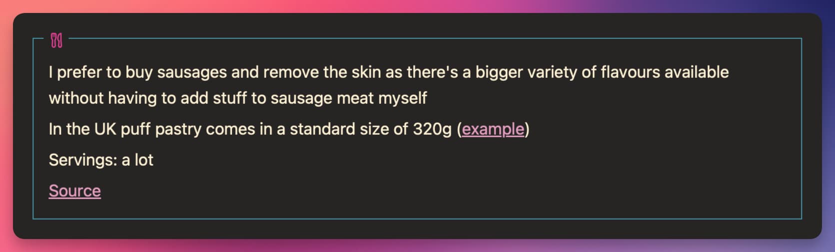 Recipe metadata