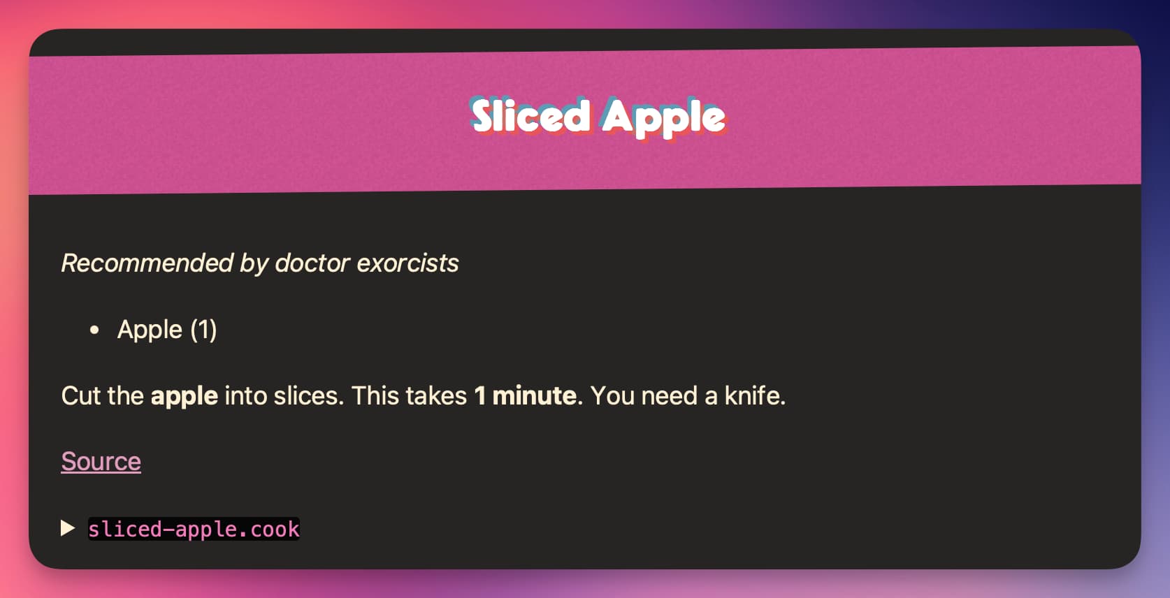 Sliced Apples recipe rendered on my site